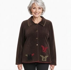 Norna & Hyla Brown Chenille Embroidered Button Front Cardigan L (16)